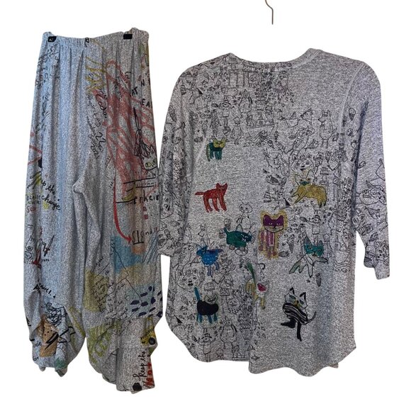 Inoah Womens Top Pant Set Size Small Gray Tunic Animal Print Harem USA - Picture 2 of 12